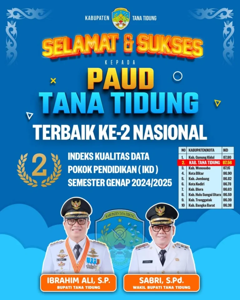 Saya atas nama pribadi dan Pemerintah Kabupaten Tana Tidung mengucapkan selamat dan sukses kepa